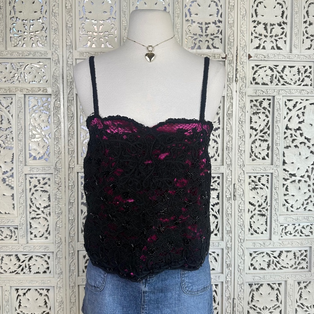 Vtg Victorias‎ Secret Gold Label Pink & Black Beaded Lace Sleepwear Cami Sz M/L